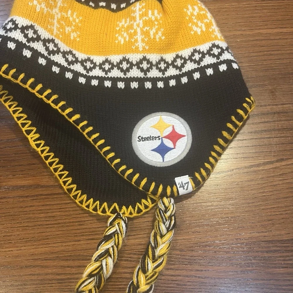 Pittsburgh Steelers Winter Hat Scarf Set NFL Ear Flap Beanie Logo 47 Brand Knit